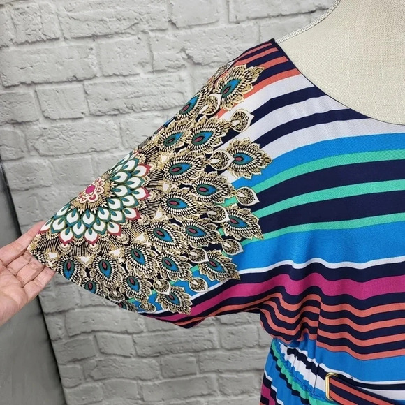 LAUNDRY BY SHELLI SEGAL Striped Peacock Belted Dress Sz XS - Picture 3 of 14